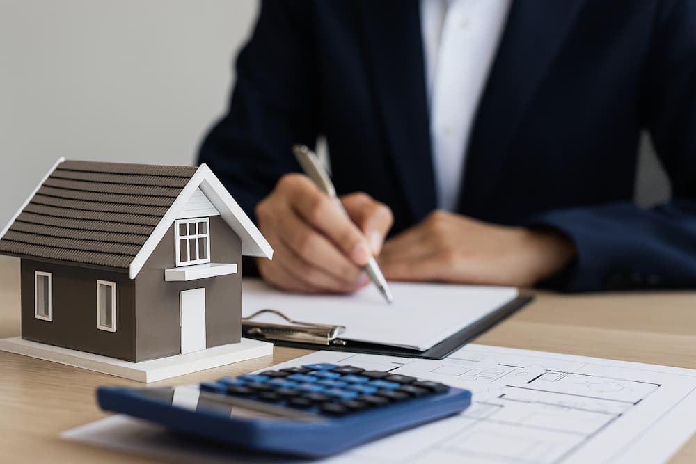 tasador valorando casa sobre plano con calculadora en escritorio