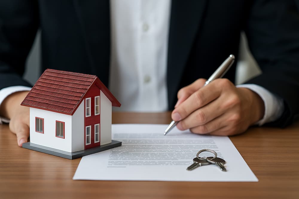 Persona firmando contrato de exclusividad inmobiliaria con maqueta de casa y llaves sobre la mesa