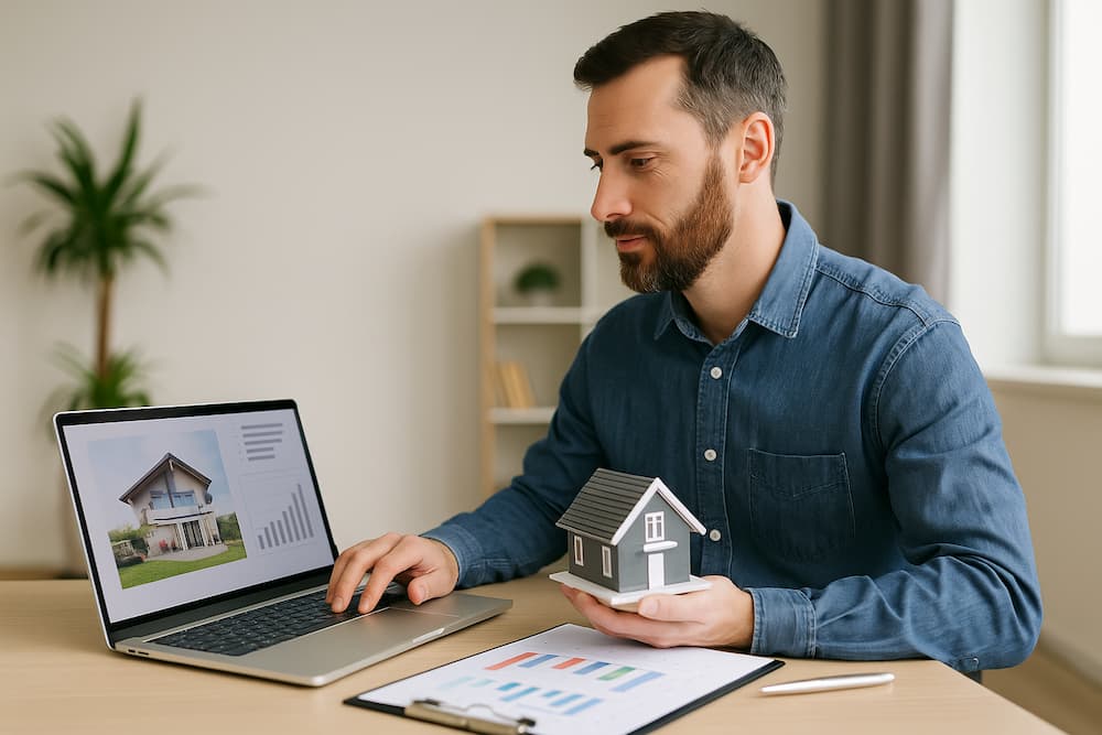 Hombre revisando anuncio de venta de casa en ordenador portátil
