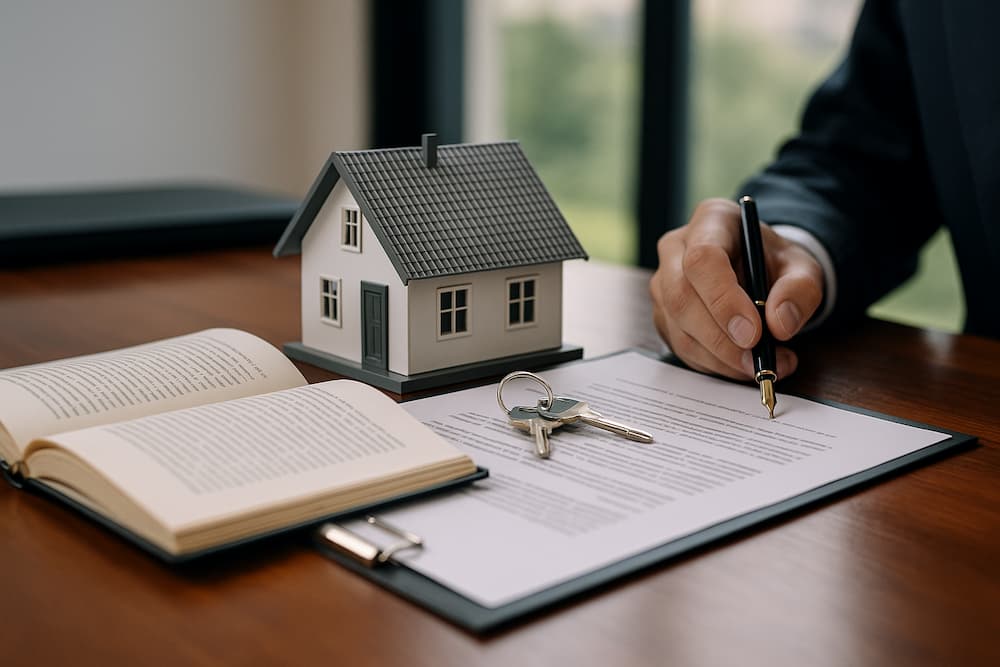 Expediente de dominio con firma de contrato y llaves de propiedad